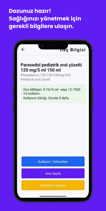 Doz hesaplama sonuçları sayfası - Ölçek uygulaması, ilaç ve besin takviyeleriniz için doğru ve güvenilir dozaj bilgilerini sağlar.